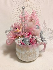 Vintage Pink Handmade Christmas Assemblege Ceramic Cup Flocked Deer Ballerina  picture