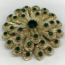 Vtg Flower Brooch Pin Layered Textured Gold Tone Metal Green Rhinestone 1.75 in picture