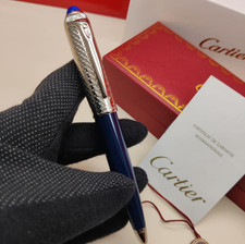 Cartier Guilloche Iced Blue Lacquer Ballpoint Pen Silver Trim Luxury Gift Box picture