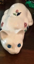 Vintage Alcobaca Portugal Ceramic Cat Figurine Blue Glass Eyes Floral picture