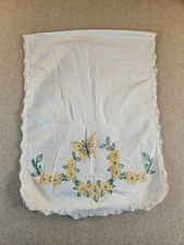 Vintage Embroidered Butterfly Floral Table Runner White Lace Trim 40x15 picture
