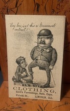 1880 Victorian Trade Card Sam Stern Gents Hats Caps Lincoln IL Political Satire  picture