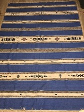 VTG 70s Mexican Zapotec Style Flatweave Rug Cobalt Blue Geometric Huge 114x64 picture