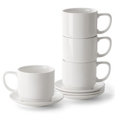 DOWAN 12oz Coffee Mugs, Cappuccino Cup and Saucer Set of 4, White Ceramic Cof... picture