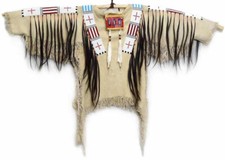 Old American Handmade Beige Buckskin Suede Beaded Powwow Regalia War Shirt  NW18 picture