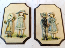 2 Vtg-Handcrafted 3D Wall Plaque/ Boy And & Girl-& Two Girls-Small Wall Hanging picture