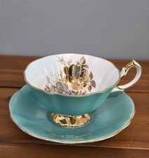 Vintage Queen Anne English Bone China Turquoise & Gold Teacup & saucer picture