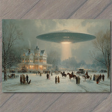 POSTCARD UFO Over Victorian Christmas Town Winter Night Lights Alien Spaceship S picture