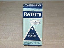 VINTAGE DENTIST MEDICINE FALSE TEETH  FASTEETH DENTURE POWDER TIN IN BOX picture