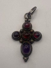 Handcrafted Sterling Silver Cross Pendant  Accent With Cabochon Garnet Amethyst picture