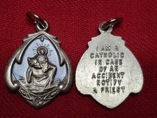 Vintage St Christopher medal Blue Enameled NEW 1960s Catholic Call A Priest picture