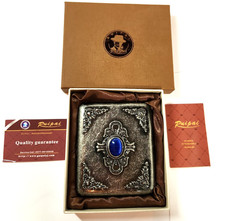 Vintage Metal Case Retro Holder Exquisite Carved Patterns Silver & Blue Gemstone picture