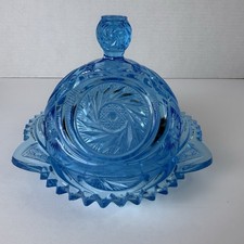 VTG Kemple Aztec Blue Pressed Glass Butter Dish Pinwheel Stars Round Covered MCM picture
