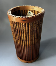 Vtg Kwan Yuen Bamboo Umbrella Stand Pyrography Etched Basket Planter Los Angeles picture