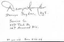 Darwyn Snyder signed 3x5 index card Battle of Bulge WW II D-Day RARE COA LOOK picture