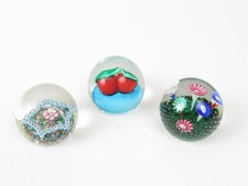 3 Fratelli Toso Murano Art Glass Paperweights Sulphide Cherry Trumpet Millefiori picture