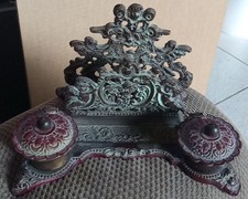 Brass Inkwell/Letter Holder Desk Accessory Vintage Antique Cherubs picture