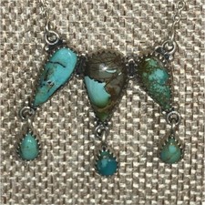 Dangling Turquoise 6 bezeled stones 14-17”Necklace Pendant Crown Design SS 925 picture