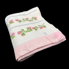 Vintage Chatham Purrey Blanket Pink Moss Roses Stripes 1950s Satin Style Trim picture