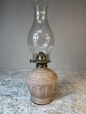 Vintage Kaadan Ltd Pink Embossed Glass Oil Lamp Kerosene Lamp w Clear Chimney picture