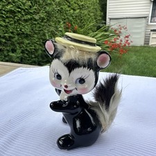 1950s Kitsch Anthropomorphic Skunk with hat and fur tail Ceramic Figurine Japan  picture