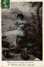 Vintage French Postcard Girl Holding Doll Garden Hand-Colored C.L. picture