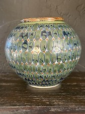 VINTAGE KEN EDWARDS TONALA EL PALOMAR  MEXICO NAVY GREEN VASE 6” X 6” picture