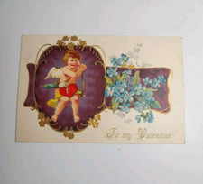 Vintage 1908 To My Valentine Cupid Bow Flowers Cherub Embossed Postcard Behrdent picture