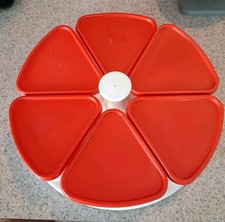 Vtg Tupperware Lazy Susan Turntable 6 Red Pie Wedge Shaped Containers~very Nice picture