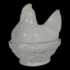Pier 1 Imports White Cream Ceramic Hen On Nest Covered Dish Candy Farmhouse picture