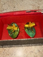 VTG Set Pair Of 2,Chinese Fighting Crickets Vintage Silk Box Gold Green Hop Bugs picture