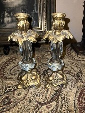Pair Antique Hollywood Regency Style Ornate Gold cast Brass Candlestick Holders picture