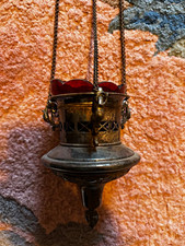 Vintage Orthodox Hanging Vigil Oil Lamp Red Glass Brass Tone Church Decor picture