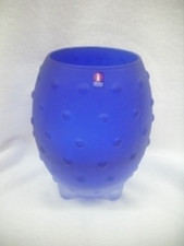 1990's Tiina Nordstrom iittala Scandinavian Blue Satin Art Glass MAJOR Vase picture