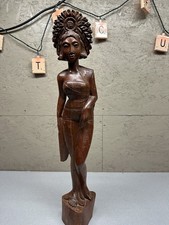 Vtg. Balinese Hand Carved Wooden Sculpture Woman in Traditional Attire Floral picture