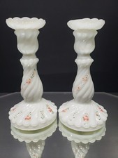2 Candlesticks Candle Holders, Spiral White Milk Glass Kemple enamel rose set #2 picture