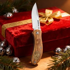 Christmas Gift Folding Pocket Knife with Deer Engraved Wood Handle Stocking picture