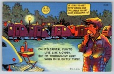 Tipsy Camper, Teardrop Trailer Park, Gypsy Living, 1937 Comic Linen Postcard picture