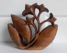  Teak Wood Leaf Flower Sculpture Vintage Mid Century Modern Signed Carved Art picture
