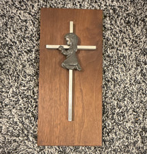 Vintage Cawley Co Praying Girl Cross Wood Wall Plaque Religious Christian Decor picture