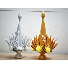 Gold-Silver Phan Offering Buddha Altar Fitting Folded Green Fabric Bai Sri picture