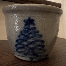 1995 Eldreth Pottery Christmas Tree 4x5” Crock Salt Glaze Signed picture