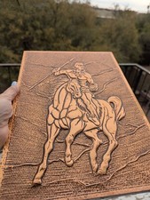 Mid Century Hammered Copper Repousse Art Native American Indian On Horse 3D picture