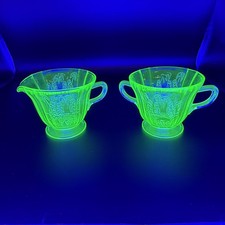 Vintage Uranium Vaseline Glass Parrot Cream and Sugar Set Federal Sylvan Glows  picture