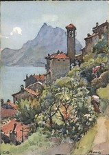 Morey Gandria, Switzerland Village Lake Mountain Bell Tower Watercolor Postcard picture