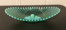 Vintage Green Glass Oval Opalescent Ribbed Centerpiece Bowl/Dish picture