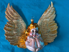 RARE VTG CHRISOPHER RADKO ANGEL CHERUB GLASS ORNAMENT W/LARGE SHIMMERING WINGS picture