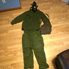 Vintage 1978 USGI Olive Drab Chem Suit Set Medium w/ M17A2 Gas Mask & Bag picture