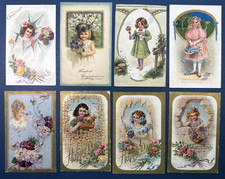 8 Children Greetings Antique Postcards. Drawn. EMB, Gold. Flowers. Colorful picture