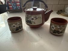 Asian Burnt Orange Cherry Blossoms 3 Clay cups Teapot Kafuh Made in Japan picture